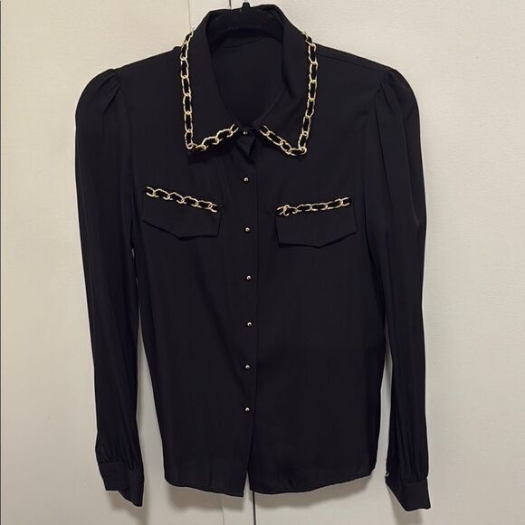 Black Woman’s Long Sleeve Blouse With Gold-tone Chain Details. Size Medium. - Picture 1 of 5